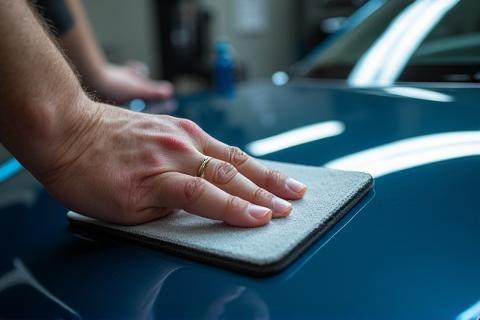 Applying a ceramic coating liquid to a car's hood with a professional applicator