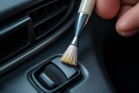Detailed cleaning of a car's center console with fine brushes