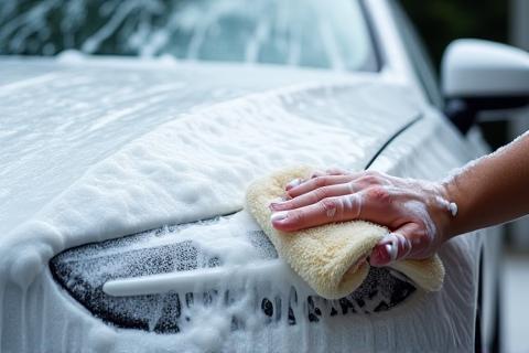 Car being washed with rich foam, showing a clean process