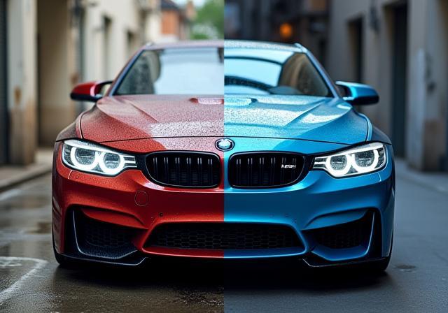 Dramatic before and after comparison showing transformation after a detailed car wash
