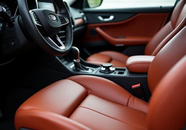 Close up of a perfectly detailed car interior showing clean leather seats and spotless dashboard