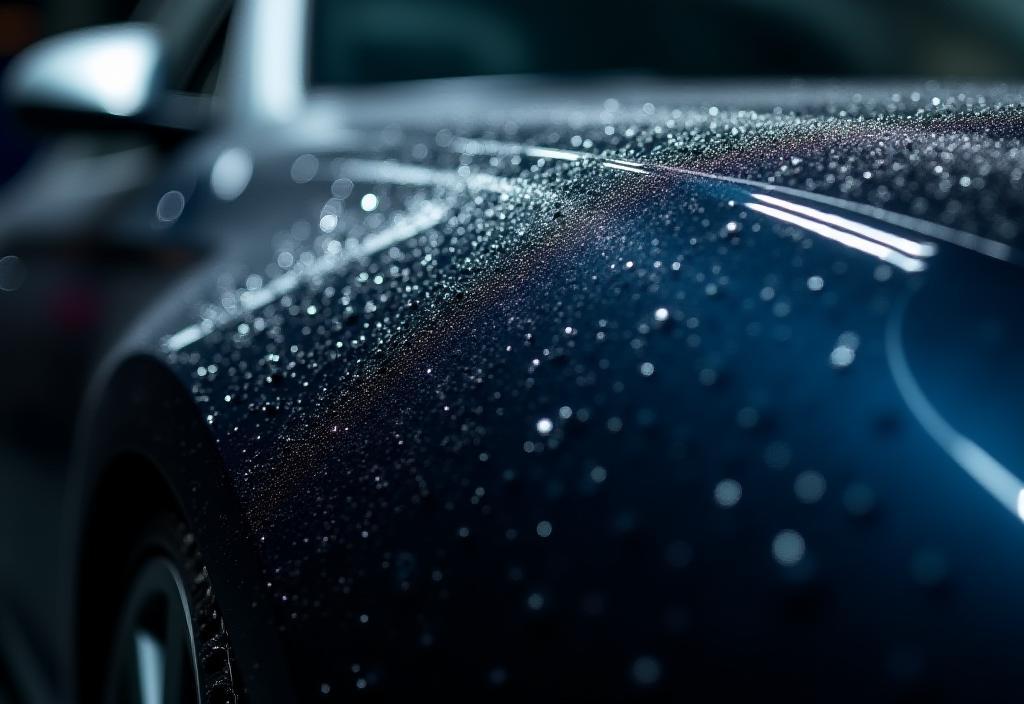 Closeup of a freshly washed car exterior reflecting light
