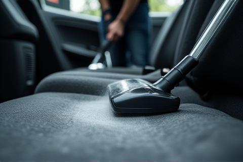 Car interior being vacuumed thoroughly with professional equipment