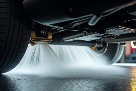 Car undercarriage being cleaned with a high-pressure spray nozzle