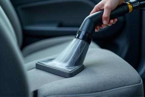 Professional cleaning of car fabric upholstery with extraction machine